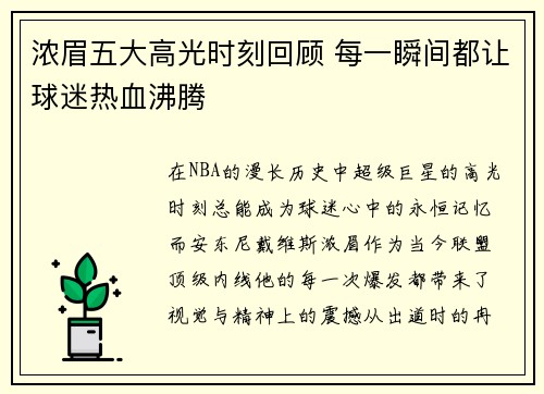浓眉五大高光时刻回顾 每一瞬间都让球迷热血沸腾