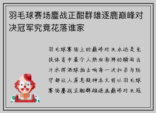 羽毛球赛场鏖战正酣群雄逐鹿巅峰对决冠军究竟花落谁家